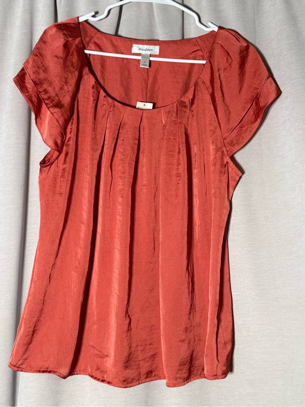 dressbarn Satin Rust-Red Pleated Cap Sleeve Blouse